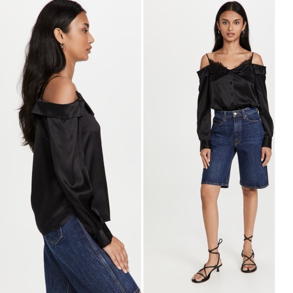 JONATHAN SIMKHAI Caylee Silk Lace Plisse Off Shoulder  Button Down Blouse Top - Picture 5 of 16